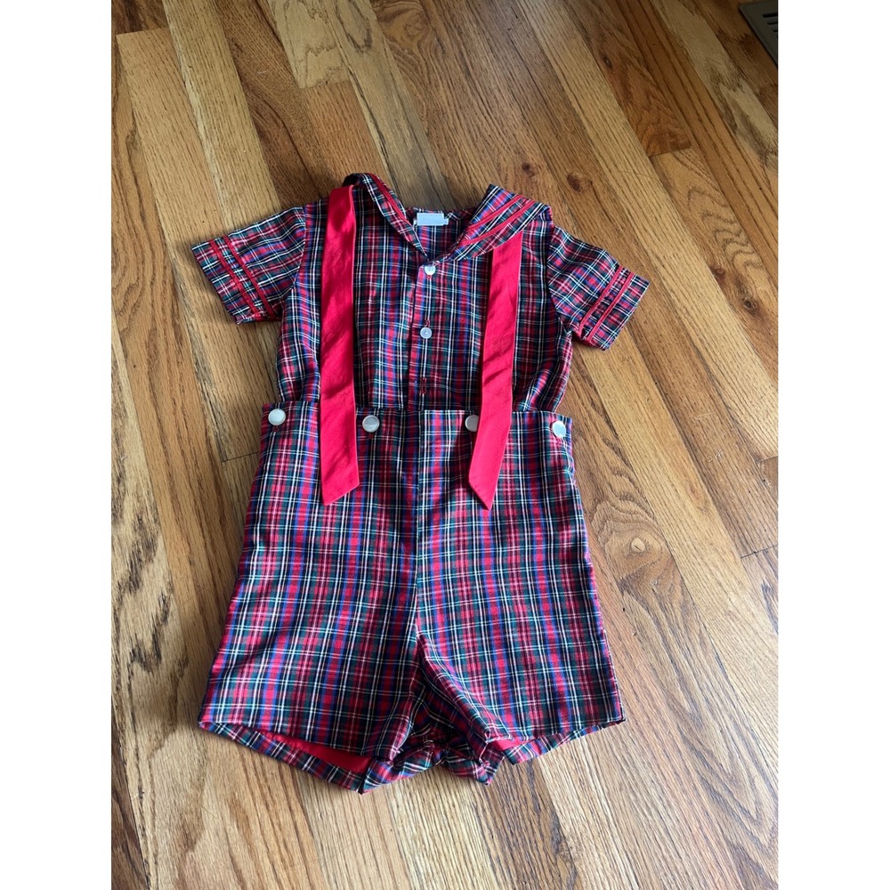 CI Castro & Co Boys Red Plaid Sailor Suit Set Shorts Shirt Vintage 3T b2
